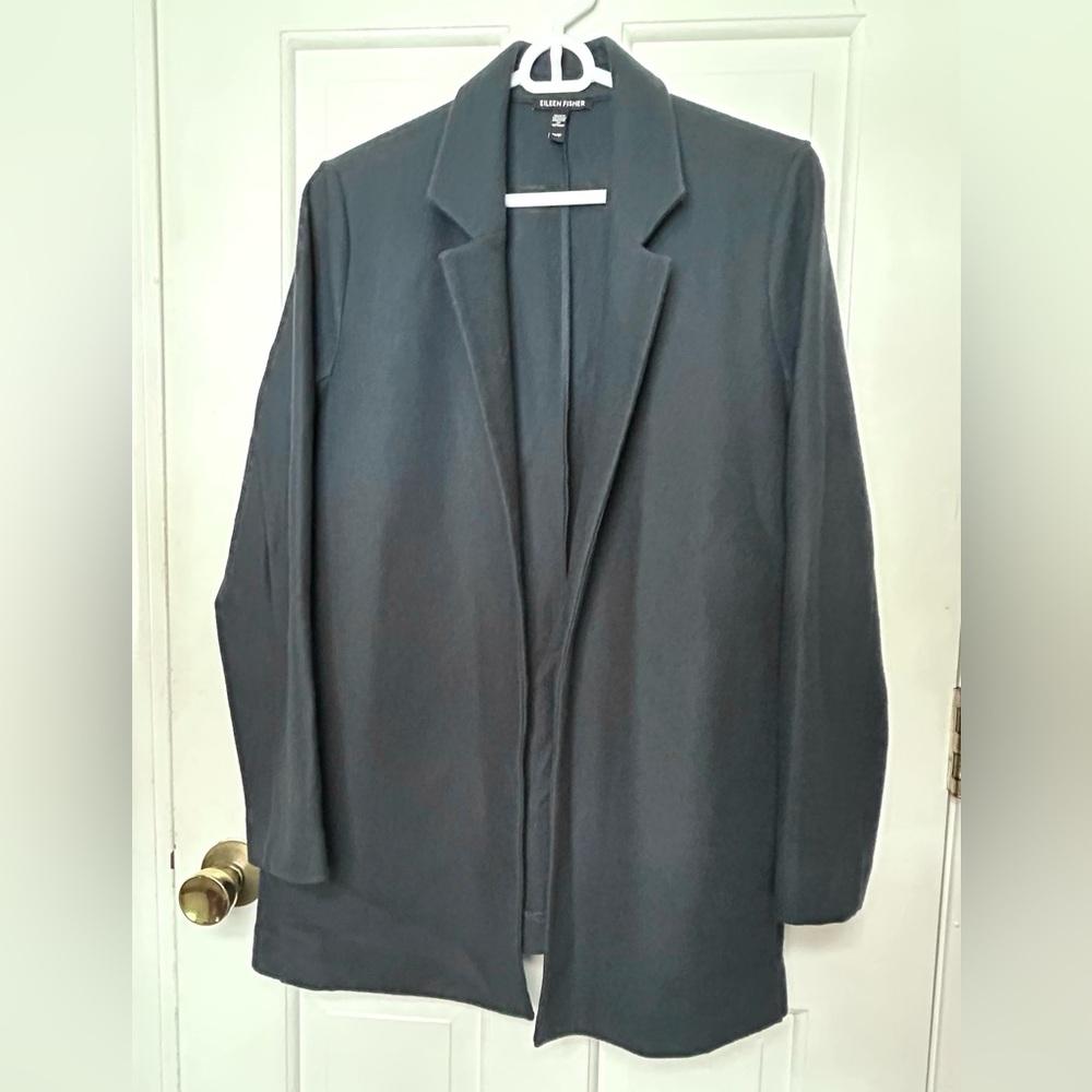 Eileen Fisher 💯 Wool unlined Open Jacket SZ XS Dark Blue/Green